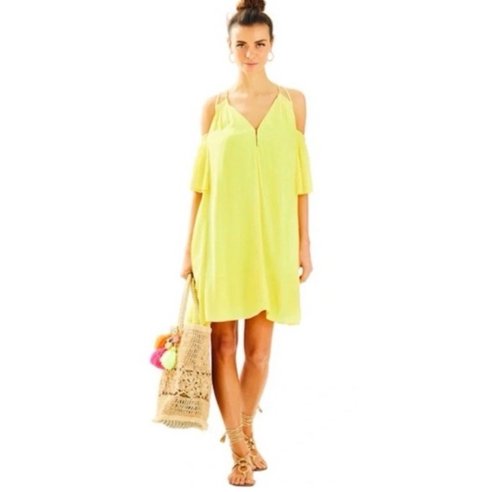 Lilly Pulitzer Yellow Cold Shoulder V-Neck Tiered Shift Dress Medium Solid